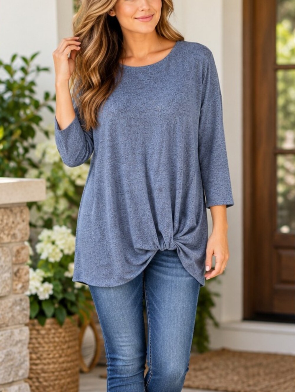 Women’s Matty M Blue-Gray Twist-Front Long Sleeve Top Size M